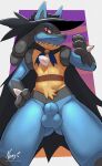  2022 anthro balls biped black_body black_fur blue_balls blue_body blue_fur blue_sheath digital_media_(artwork) fur generation_4_pokemon genitals hi_res lucario male multicolored_body multicolored_fur negger nintendo pokemon pokemon_(species) solo video_games yellow_body yellow_fur 