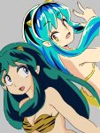  2girls :d absurdres animal_print bangs bikini blue_eyes blue_hair commentary_request dual_persona green_hair grey_background hand_up highres horns kuro_kosyou lum multiple_girls print_bikini simple_background smile strapless strapless_bikini swimsuit thick_eyebrows tiger_print upper_body urusei_yatsura w yellow_eyes 