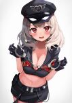  1girl belt black_gloves blonde_hair blush breasts chain cleavage cuffs gloves handcuffs hat highres large_breasts medium_hair midriff open_mouth original police police_hat police_uniform policewoman red_eyes ryamuchan short_sleeves simple_background skirt smile solo uniform white_background 