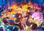  6+girls alice_margatroid black_capelet black_dress black_headband black_skirt blonde_hair blue_eyes bow bowtie capelet chatsubaki closed_mouth copyright_name dress hairband hat headband jack-o&#039;-lantern light_particles long_hair long_sleeves looking_at_viewer mini_hat mini_top_hat mob_cap multiple_girls official_art patchouli_knowledge purple_eyes purple_hair red_bow red_bowtie red_hairband shanghai_doll short_hair skirt striped striped_dress top_hat touhou touhou_danmaku_kagura 
