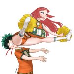  1boy 1girl absurdres aki-chan_(dismaiden) artist_name bangs blood blunt_bangs blunt_ends boku_no_hero_academia cameltoe cheerleader choker commentary dismaiden english_commentary face_in_ass floating_hair foreshortening green_hair groin_tendon highres hip_attack holding holding_pom_poms looking_to_the_side midoriya_izuku no_pupils nosebleed open_mouth orange_shirt orange_skirt pleated_skirt pom_pom_(cheerleading) shirt shoes short_sleeves simple_background skirt smile sneakers socks teeth thighs tongue u.a._cheerleader_uniform upper_body upper_teeth white_footwear wide_spread_legs 