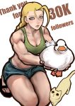  1girl afterimage animal ayaki_d bird blonde_hair braid breasts cammy_white cat cleavage crop_top duck green_tank_top highres holding holding_animal lips medium_breasts midriff muscular muscular_female sandals short_shorts shorts solo squatting street_fighter street_fighter_v tail tail_wagging tank_top thank_you 