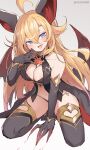  :d ahoge animal_ears bangs bikini black_bikini black_gloves blonde_hair blue_eyes breasts character_request claws cleavage clothing_cutout copyright_request crossed_bangs demon_wings elbow_gloves fangs gloves groin halloween_costume heart_cutout highres large_breasts long_hair mou_tama_maru navel open_mouth simple_background smile swimsuit twitter_username white_background wings 