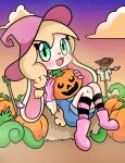  absurd_res anthro blonde_hair boots braided_hair clothing ear_piercing ear_ring female flushed footwear gloves green_eyes hair halloween halloween_costume handwear hi_res holidays jack-o&#039;-lantern lagomorph legwear leporid long_ears mammal mellea_(melleacomic) night open_mouth overalls piercing pink_boots pink_clothing pink_footwear pink_gloves pink_handwear pink_stockings rabbit ring_piercing scarecrow scut_tail short_hair short_tail sky smile solo stockings 