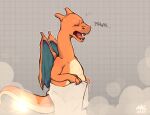  2020 anthro charizard donkeyramen eyes_closed generation_1_pokemon hi_res male membrane_(anatomy) membranous_wings nintendo open_mouth orange_body pokemon pokemon_(species) shower solo steam towel towel_only video_games wings yawn 