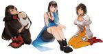  3girls bare_shoulders bike_shorts black_hair black_thighhighs boots breasts brown_eyes choker cleavage crop_top detached_sleeves earrings final_fantasy final_fantasy_ix final_fantasy_vii final_fantasy_vii_remake final_fantasy_viii full_body garnet_til_alexandros_xvii gloves highres jewelry long_hair looking_at_viewer low-tied_long_hair mmariesr multiple_girls red_eyes red_footwear rinoa_heartilly short_hair sitting tank_top thighhighs tifa_lockhart white_background white_tank_top 