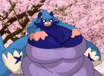  anthro arcanine belly big_belly big_breasts blue_body blue_fur blue_hair breasts cherry_blossom clothing dark_blue_fur ebutuoy135 female fur generation_1_pokemon generation_8_pokemon hair lavender_clothing legendary_pokemon neck_tuft nintendo overweight overweight_anthro overweight_female pink_hair plant pokemon pokemon_(species) purple_clothing smile solis_(ebutuoy135) solo tuft video_games yellow_eyes zacian 
