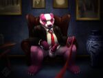  anthro badger bottomless bottomless_male clothed clothing detailed_background dominant dominant_male erection european_badger eyewear first_person_view fur genitals glasses hi_res holding_leash holding_object laguna_crale leash leashed_pov male mammal meles mustelid musteline pebblemakes penis pink_body pink_fur solo suit_and_tie tapering_penis 