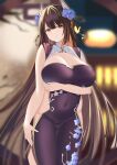  1girl absurdres arm_under_breasts azur_lane blurry blurry_background breasts brown_hair china_dress chinese_clothes cleavage cleavage_cutout clothing_cutout depth_of_field dress floral_print flower hair_flower hair_ornament hiei_(azur_lane) hiei_(fragrant_red_plum)_(azur_lane) highres huge_breasts long_hair looking_at_viewer official_alternate_costume purple_dress purple_flower side_slit sleeveless sleeveless_dress solo tnr_(horiko1525) very_long_hair yellow_eyes 