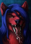  anthro blue_hair bodily_fluids canid canine canis digital_media_(artwork) fur hair hi_res lemondeer looking_at_viewer male mammal open_mouth red_body red_fur simple_background smile solo tongue vore wolf 