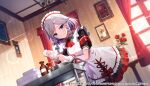  1girl blue_eyes bottle braid chatsubaki closed_mouth copyright_name curtains dutch_angle flower grey_hair indoors izayoi_sakuya light_particles looking_at_viewer maid maid_headdress official_art painting_(object) red_flower red_rose rose side_braid smile solo table touhou touhou_danmaku_kagura towel twin_braids 