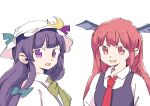  2girls :d akuma bangs blunt_bangs crescent hat head_wings highres koakuma long_hair looking_at_viewer multiple_girls necktie open_mouth patchouli_knowledge purple_eyes purple_hair red_hair simple_background smile touhou white_background wings 