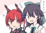  2girls :d akuma animal_ear_fluff animal_ears behind_another black_bow black_hair bow braid cat_ears extra_ears green_bow hair_bow highres kaenbyou_rin looking_at_another looking_to_the_side multiple_girls red_eyes red_hair reiuji_utsuho smile touhou twin_braids 