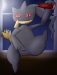  ambiguous_gender banette detailed_background dildo doll generation_3_pokemon hi_res looking_at_viewer night nintendo plushie pokemon pokemon_(species) presenting sex_toy smile solo umbry00 video_games window 