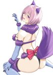  1girl absurdres animal_ears ass bangs bare_shoulders bee_doushi bow breasts claw_pose elbow_gloves fate/grand_order fate_(series) fur-trimmed_gloves fur-trimmed_legwear fur_collar fur_trim gloves hair_over_one_eye highres lace-trimmed_legwear lace_trim large_breasts light_purple_hair looking_at_viewer looking_back mash_kyrielight mash_kyrielight_(dangerous_beast) open_mouth pink_bow purple_eyes purple_gloves purple_thighhighs revealing_clothes short_hair sitting smile solo tail thighhighs wariza wolf_ears wolf_tail 