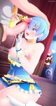  1boy bare_shoulders blue_dress blue_eyes blue_hair breasts breasts_out card caught choker cubson dress gloves hair_between_eyes hand_on_another&#039;s_head highres large_breasts looking_at_penis nipples open_mouth penis penis_awe pink_hair ram_(re:zero) re:zero_kara_hajimeru_isekai_seikatsu rem_(re:zero) short_dress short_hair stage strapless strapless_dress voyeurism 
