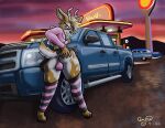  anthro antlers bottomwear brown_body brown_fur bulge butt cervid ceryne_(artist) clothing detailed_background felix_(buckfelix47) fur gas_station girly hi_res hoodie hooves horn legwear male mammal panties presenting presenting_hindquarters raised_tail skirt solo sunset thigh_highs topwear truck_(vehicle) underwear vehicle 