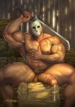  1boy abs armpit_hair armpits artist_name bara english_commentary erection friday_the_13th hand_on_own_chest highres hockey_mask holding holding_weapon jason_voorhees large_pectorals machete male_focus male_pubic_hair mask muscular muscular_male navel nipples pectorals penis precum pubic_hair sitting solo testicles thick_thighs thighs weapon zharts1990 