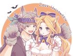  1boy 1girl animal_ears bat_(animal) blonde_hair blue_eyes blush breasts celes_chere cleavage collarbone dated earrings final_fantasy final_fantasy_vi gloves grey_hair halloween halloween_costume headband jewelry large_breasts lock_cole long_hair open_mouth pan_ff6 ponytail upper_body 