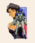 1girl absurdres armor black_hair breasts bubblegum_crisis cleavage copyright_name dated david_liu full_body highres medium_breasts multiple_views power_armor red_eyes short_hair signature straight-on sylia_stingray 