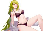  1girl absurdres alternate_costume arms_behind_back bangs bare_shoulders black_bra black_panties blush bra breasts cleavage clothes_pull collarbone commission feet_out_of_frame girls&#039;_frontline green_hair hair_ornament hairclip hands_on_floor heart heart-shaped_pupils highres long_hair looking_at_viewer medium_breasts mk48_(girls&#039;_frontline) navel open_mouth panties pixiv_request red_eyes ren_huozhe shirt shirt_pull sitting smile solo stomach symbol-shaped_pupils thighs underwear white_background white_shirt 