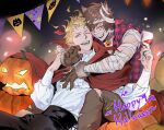  2boys alcohol animal_ears bandaged_arm bandaged_head bandages bangs black_pants blonde_hair blue_eyes bpadult brown_eyes brown_hair brown_pants cape cup drinking_glass fangs gran_(granblue_fantasy) granblue_fantasy halloween halloween_costume happy_halloween highres hug hug_from_behind jack-o&#039;-lantern lumberjack_(granblue_fantasy) male_focus multiple_boys one_eye_closed open_mouth pants popped_collar red_cape seofon_(granblue_fantasy) short_hair smile teeth torn_clothes torn_pants vampire vampire_costume wine wine_glass wolf_boy wolf_ears wolf_paws yaoi 