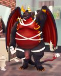  2022 anthro balls bathroom belly big_belly black_body detailed_background dragon genitals halloween halloween_costume hi_res holidays inside male moobs overweight overweight_male penis red_body sato_afroleone solo wings 