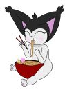  absurd_res anthro black_body black_fur black_sclera cute_expression ear_tuft eating egg espurrito felid feline female flat_chested food fur hi_res mammal noodles nude pawpads pink_pawpads ramen simple_background sitting solo tuft white_body young 