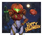  1girl arm_cannon armor gun halloween helmet looking_at_viewer metroid metroid_(creature) metroid_dread moon night power_armor power_suit pumpkin samus_aran science_fiction simple_background solo wakaba_(wata_ridley) weapon 