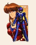  1980s_(style) 1girl absurdres armor belt blue_shirt breasts brown_eyes brown_hair bubblegum_crisis cleavage copyright_name david_liu full_body highres jacket medium_breasts multiple_views power_armor priscilla_asagiri red_jacket retro_artstyle shirt straight-on white_belt 