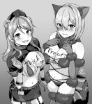  2girls :d absurdres animal_ears bikini bikini_top_only blush body_writing breasts cleavage cosplay double_bun elbow_gloves embarrassed fake_animal_ears fate/grand_order fate_(series) florence_nightingale_(fate) florence_nightingale_(trick_or_treatment)_(fate) florence_nightingale_(trick_or_treatment)_(fate)_(cosplay) flying_sweatdrops fur-trimmed_gloves fur-trimmed_legwear fur_collar fur_trim garter_straps gloves greyscale hair_between_eyes hair_bun hair_ornament hair_over_one_eye hairclip hamakaze_(kancolle) hands_up hat highres id_card kantai_collection large_breasts long_hair looking_at_viewer mash_kyrielight mash_kyrielight_(dangerous_beast) mash_kyrielight_(dangerous_beast)_(cosplay) miniskirt monochrome multiple_girls navel nurse nurse_cap revealing_clothes rubber_gloves short_hair shrug_(clothing) signature simple_background skirt smile swimsuit thighhighs trick_or_treat unoshima_kanaka urakaze_(kancolle) wolf_ears 