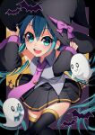  1girl adjusting_clothes adjusting_headwear aqua_eyes aqua_hair bangs bat_(animal) black_nails black_sleeves black_thighhighs blouse blue_bow bow candy collared_shirt commentary detached_sleeves food forute_na ghost graveyard grey_shirt halloween halloween_costume hat hat_bow hatsune_miku highres jack-o&#039;-lantern_ornament leaning_forward long_hair looking_at_viewer necktie open_mouth purple_necktie shirt sleeveless sleeveless_shirt smile solo standing thighhighs twintails vocaloid wing_collar witch_hat 