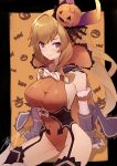  1girl black_cloak blue_eyes bow bowtie breasts cloak covered_navel diagonal-striped_bowtie dragalia_lost elisanne food-themed_hair_ornament garter_straps gauntlets hair_ornament hair_ribbon halloween halloween_costume highres large_breasts leotard lips long_hair looking_at_viewer navel official_alternate_costume orange_hair playboy_bunny ponytail pumpkin_hair_ornament punished_pigeon ribbon sidelocks sitting smile solo striped striped_bow striped_bowtie thighs very_long_hair 