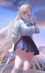  1girl asuna_(blue_archive) bangs blue_archive blue_eyes bow breasts choker cityscape desert_eagle gun hair_over_one_eye halo handgun highres large_breasts long_hair looking_at_viewer lunari pleated_skirt school_uniform skirt smile solo standing swept_bangs very_long_hair waving weapon 