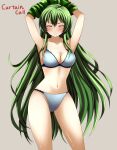  1girl arms_up bare_legs bare_shoulders blush bra breasts cleavage closed_eyes clothes_lift erinys_(fire_emblem) fire_emblem fire_emblem:_genealogy_of_the_holy_war fire_emblem_heroes green_hair green_shirt highres lifted_by_self long_hair medium_breasts navel panties shirt shirt_lift solo underwear underwear_only undressing very_long_hair white_bra white_panties yozu_(yozu0420) 