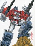  alex_milne autobot blue_eyes commission dual_wielding english_commentary gun head_tilt holding holding_gun holding_weapon looking_up mecha optimus_prime robot signature solo traditional_media transformers weapon white_background 