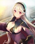  1girl ass black_cape blush book breasts butt_crack cape cleavage collarbone corrin_(fire_emblem) corrin_(fire_emblem)_(female) cosplay dark_mage_(fire_emblem_fates) fire_emblem fire_emblem_fates grey_hair hairband highres holding holding_book indoors kashiwamochi_yomogi large_breasts leotard long_hair looking_at_viewer nyx_(fire_emblem) nyx_(fire_emblem)_(cosplay) pointy_ears red_eyes see-through sideboob skin_tight smile solo upper_body very_long_hair 
