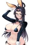  adapted_costume alternate_breast_size aqua_eyes azur_lane bikini black_bikini black_bow black_bowtie black_hair blush bow bowtie breasts commentary covered_nipples cowboy_shot detached_collar dot_nose effort_star forehead glasses hand_up highres huge_breasts large_breasts long_hair looking_at_viewer meme_attire open_mouth playboy_bunny reverse_bunnysuit reverse_outfit shrug_(clothing) simple_background solo souryuu_(azur_lane) stomach swimsuit white_background wide_hips wrist_cuffs 