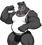  2022 absurd_res anthro baloo barazoku belly biceps big_bulge big_muscles bulge clothed clothing darknaigart disney eyebrows flexing fur hi_res huge_muscles male mammal musclegut muscular muscular_anthro muscular_male pecs shirt simple_background smile solo standing talespin tank_top thick_thighs topwear tuft underwear ursid white_background 