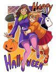  2girls absurdres akiosketch bat_(animal) blush brown_hair daphne_ann_blake english_text ghost green_eyes happy_halloween highres jack-o&#039;-lantern light_brown_hair magnifying_glass multiple_girls pantyhose pleated_skirt red_eyes scarf scooby-doo shoes shovel silk skirt spider_web velma_dace_dinkley 