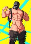  1boy abs bara black_pants clothes_pull cum cyberpunk_(series) cyberpunk_edgerunners ejaculation erection gas_mask highres large_pectorals male_focus mask muscular muscular_male mute_(rainbow_six_siege) navel nipples open_pants pants pants_pull pectorals penis rainbow_six_siege sedo_(usingincognito) solo 