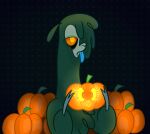  2022 alpaca black_background blue_tongue brown_background camelid cloven_hooves digital_drawing_(artwork) digital_media_(artwork) female feral food frown fruit fur green_body green_fur half-closed_eyes halloween hi_res holding_object holidays hooves jack-o&#039;-lantern mammal narrowed_eyes nonameorous orange_sclera paprika_paca_(tfh) plant pumpkin simple_background solo them&#039;s_fightin&#039;_herds tongue tongue_out undead zombie 