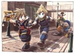  4boys armor baggy_pants bird black_footwear black_gloves black_jacket black_shorts blue_eyes blue_headwear blue_pants blue_shirt blush boots brick_road brown_footwear brown_gloves chain_necklace city cloud_strife crisis_core_final_fantasy_vii dog donald_duck duck final_fantasy final_fantasy_vii fingerless_gloves gloves goofy green_scarf green_sweater hair_between_eyes hat holding holding_hands holding_weapon hood hood_down hooded_jacket jacket jewelry keyblade keychain kingdom_hearts kingdom_hearts_iii knee_pads looking_at_another looking_back male_focus multiple_boys necklace open_mouth outdoors over_shoulder pants parted_lips running scarf shirt short_hair short_sleeves shorts shoulder_armor shuumai_1022 sleeves_rolled_up smile sora_(kingdom_hearts) spiked_hair sweater weapon weapon_over_shoulder yellow_headwear yellow_pants 
