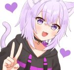  1girl animal_ears black_hoodie cat_ears cat_girl cat_tail collar fang hair_between_eyes heart highres hololive hood hoodie looking_at_viewer nekomata_okayu open_mouth panri purple_eyes purple_hair tail v virtual_youtuber white_background 