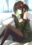  1girl absurdres bangs bare_shoulders breasts brown_hair cleavage cleavage_cutout clothing_cutout couch cup deekei green_hair highres holding holding_cup leggings looking_at_viewer miru_(ormille) mole mole_on_breast mole_under_eye on_couch orange_eyes original pillow shoulder_cutout sweater 