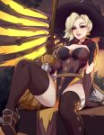  1girl alternate_costume bangs belt blonde_hair blushyspicy breasts broom brown_thighhighs commentary copyright_request dress earrings elbow_gloves gloves hat highres holding jewelry looking_at_viewer mercy_(overwatch) overwatch red_lips short_hair smile solo thighhighs wings witch witch_hat 