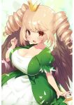  1girl alternate_breast_size blonde_hair blush breasts cleavage crown dress drill_hair feathered_wings green_dress grifo_(puyopuyo) highres large_breasts msp_sammy open_mouth oppai_loli orange_eyes puyopuyo_quest short_hair_with_long_locks smile solo taut_clothes taut_dress twin_drills wings 