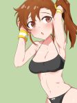  1girl absurdres armpits arms_up bangs black_panties black_underwear blush breasts brown_hair cleavage eyelashes futami_mami grey_background hands_in_hair highres idolmaster idolmaster_million_live! idolmaster_million_live!_theater_days looking_to_the_side medium_breasts messy_hair milliani open_mouth panties red_eyes side_ponytail simple_background sports_bra stomach sweat underwear wet wet_hair wrist_cuffs 