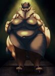  2022 anthro belly big_belly big_breasts breasts brygida_(nightfaux) clothed clothing coal-heart digital_media_(artwork) female hi_res huge_breasts mammal muscular muscular_female neck_tuft nightfaux obscured_eyes solo thick_thighs tuft ursid 