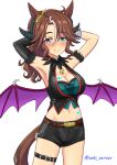  1girl animal_ears armpits arms_behind_head arms_up bangs belt black_gloves black_horns black_shirt black_shorts blue_eyes bracelet breasts brown_belt brown_hair cleavage cleavage_cutout closed_mouth clothing_cutout cowboy_shot cropped_shirt days_in_a_flash_(umamusume) demon_horns demon_wings ear_ornament elbow_gloves fang fur_armlet gloves half-closed_eyes halloween halloween_costume halterneck heart horns horse_ears horse_girl horse_tail jewelry long_hair looking_at_viewer low_wings medium_breasts mejiro_palmer_(devil_in_the_moonlight)_(umamusume) mejiro_palmer_(umamusume) midriff navel official_alternate_costume purple_wings seki_(hyokosho) shirt short_shorts shorts simple_background single_glove smile solo sparkle standing tail textless_version thigh_strap twitter_username umamusume white_background wings 